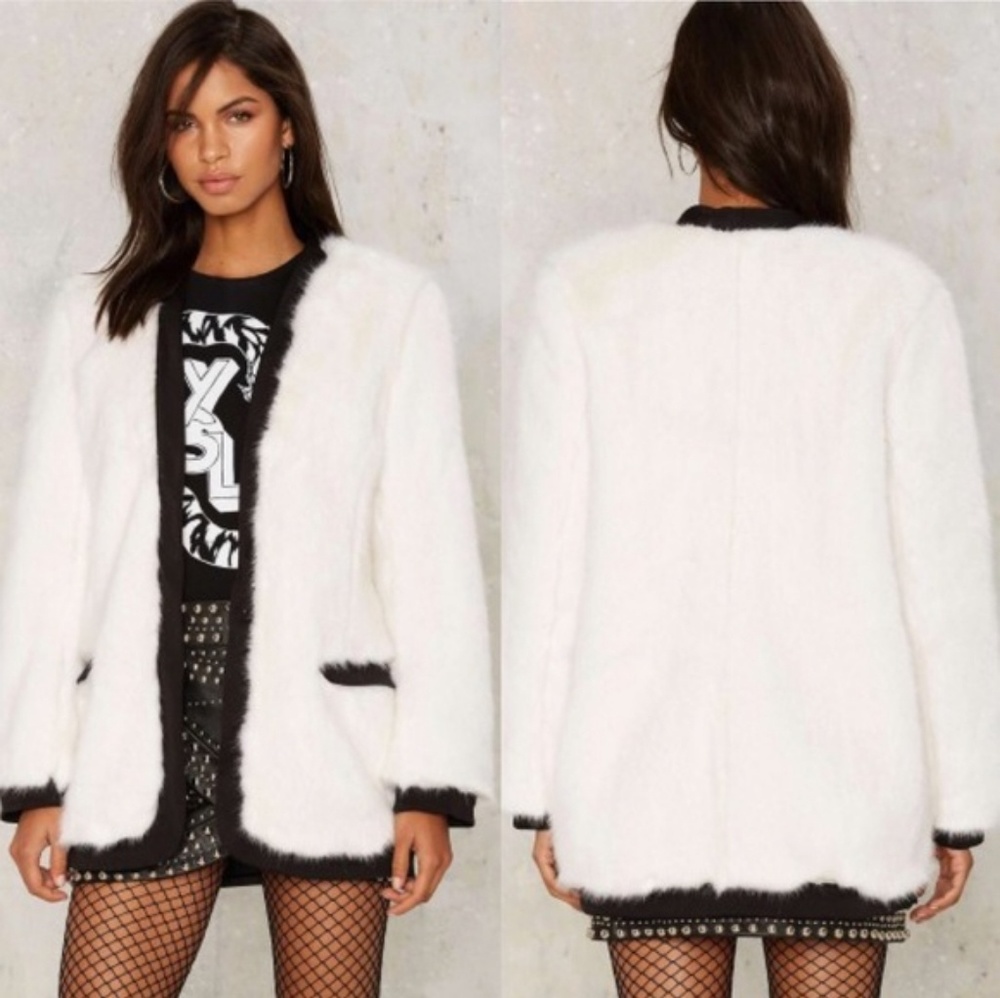 NastyGal Hanna white/black faux fur tuxedo jacket